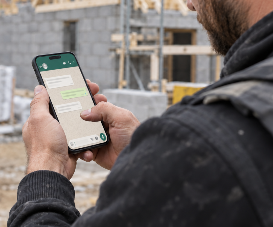 A tradesperson reading and replying to a WhatsApp conversation on a building site