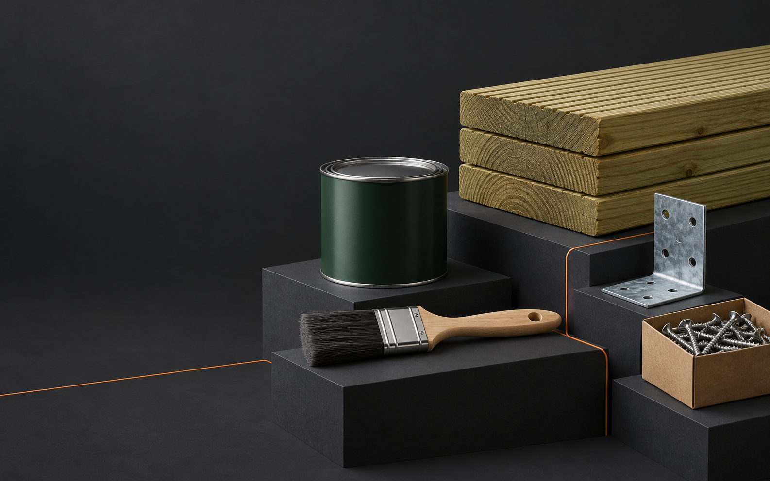 Timber, treatment, fixings and trade products arranged on graphite platforms